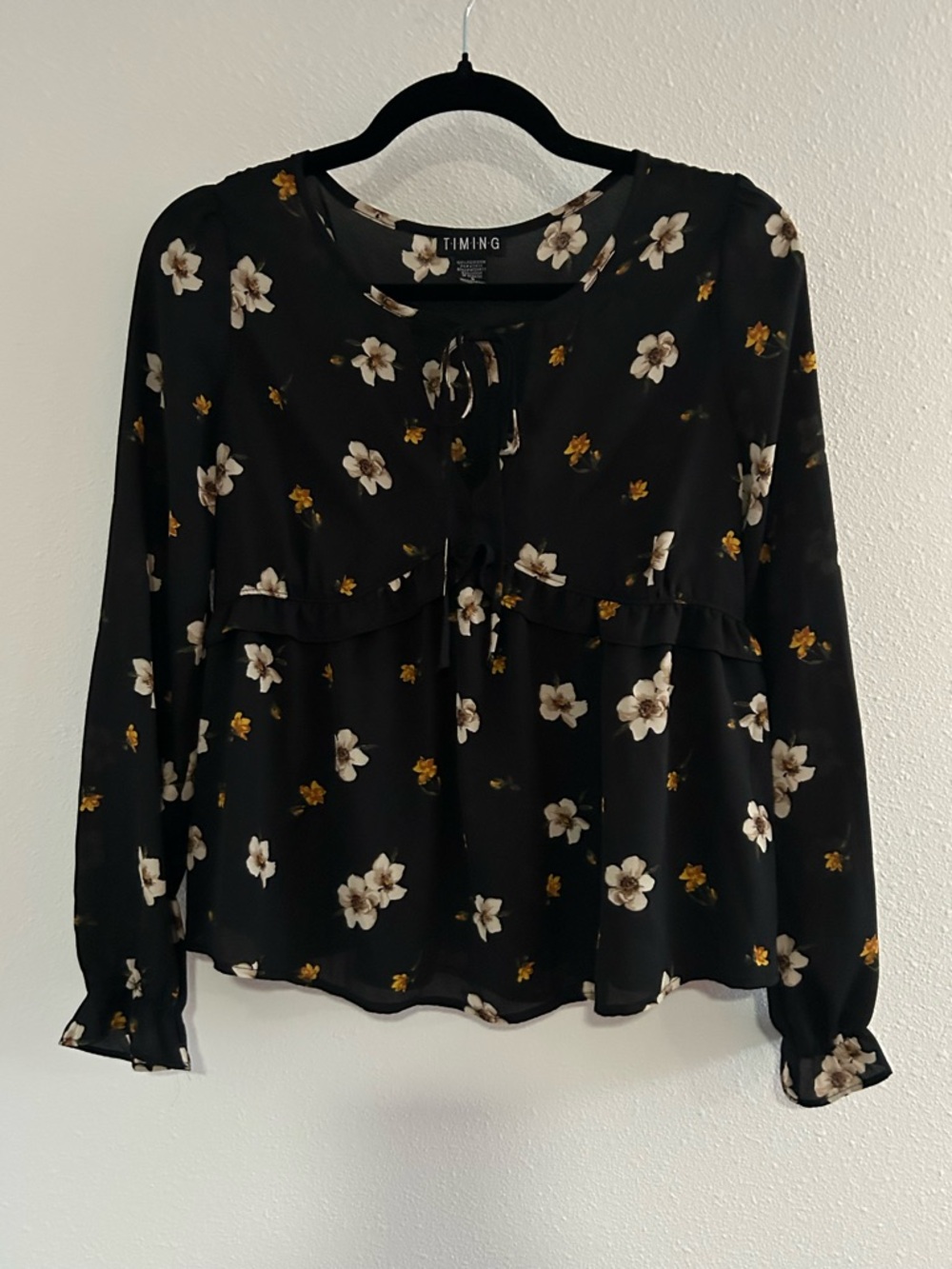 Timing Black Floral Tie-Front Ruffle Blouse